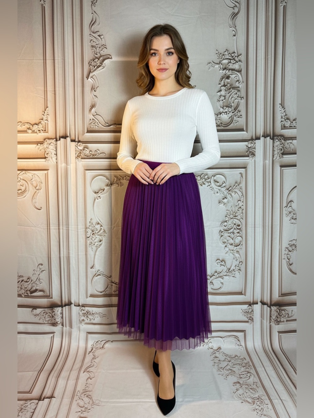 3 for $36 Sale! Elegant Purple Pleated Maxi Skirt